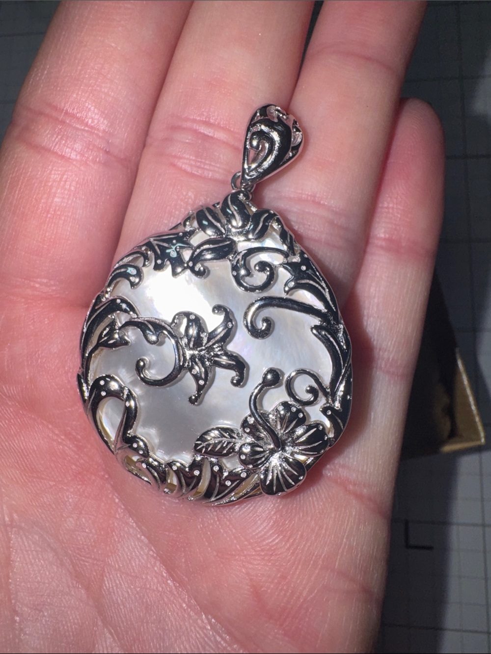 White Mother of Pearl Sterling Silver Filigree Flower Pendant